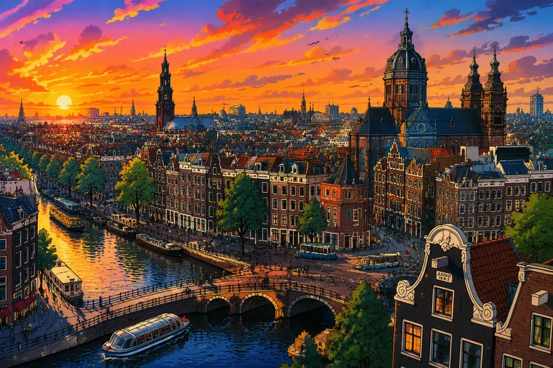 Amsterdamin kaupungin siluetti kanavineen auringonlaskun aikaan Amsterdamin kaupungin siluetti kanavineen auringonlaskun aikaan