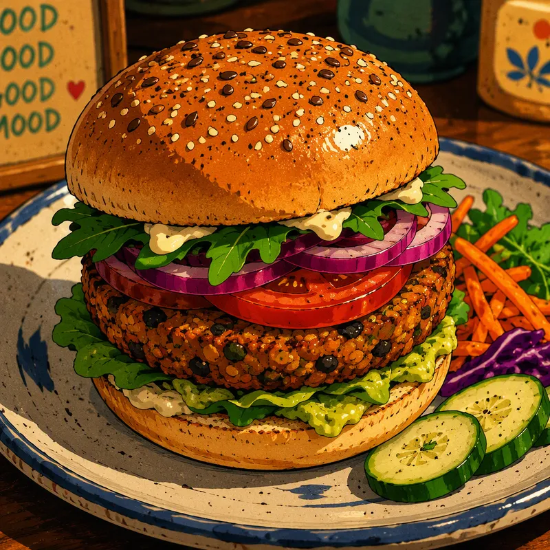 Kasvisburgeri tuoreilla kasviksilla tarjoiltuna Kasvisburgeri tuoreilla kasviksilla tarjoiltuna