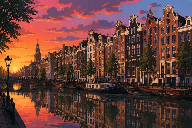 Amsterdamin kanavat ja historialliset talot auringonlaskussa