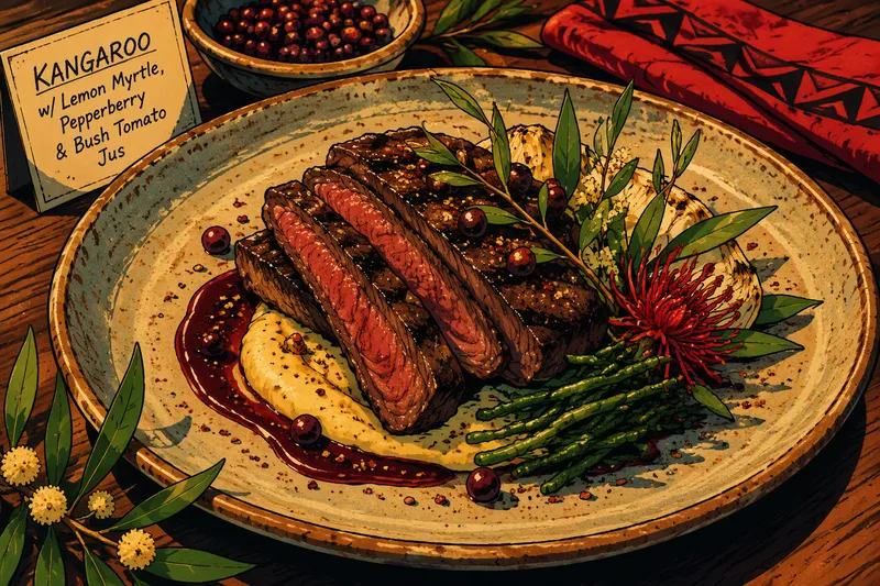 Australialainen gourmet-annos kängurunlihalla ja yrteillä Australialainen gourmet-annos kängurunlihalla ja yrteillä