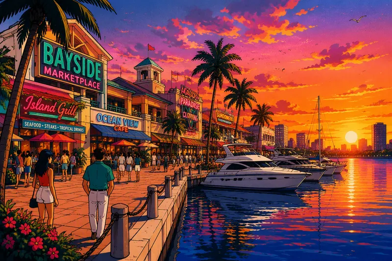 Bayside Marketplace veden äärellä auringonlaskun aikaan Bayside Marketplace veden äärellä auringonlaskun aikaan