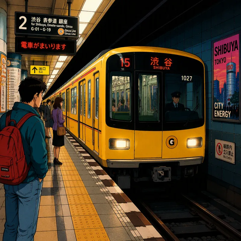 Keltainen metro juna saapumassa maanalaiselle laiturille Keltainen metro juna saapumassa maanalaiselle laiturille