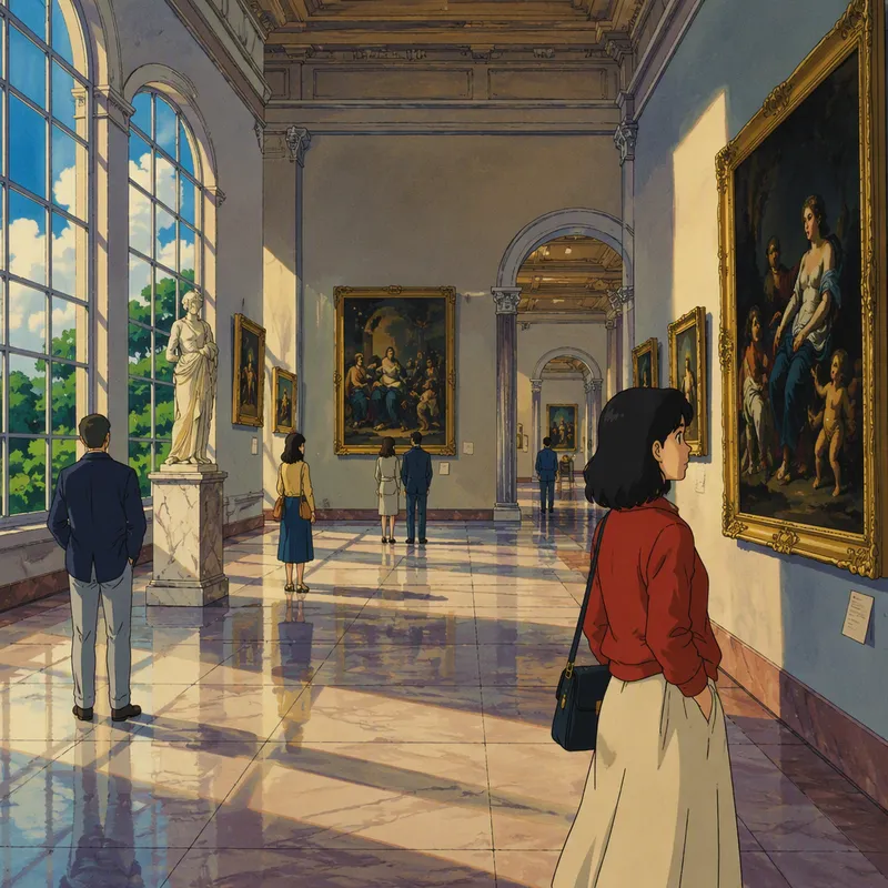 Valoisa galleriatila täynnä klassisia taideteoksia