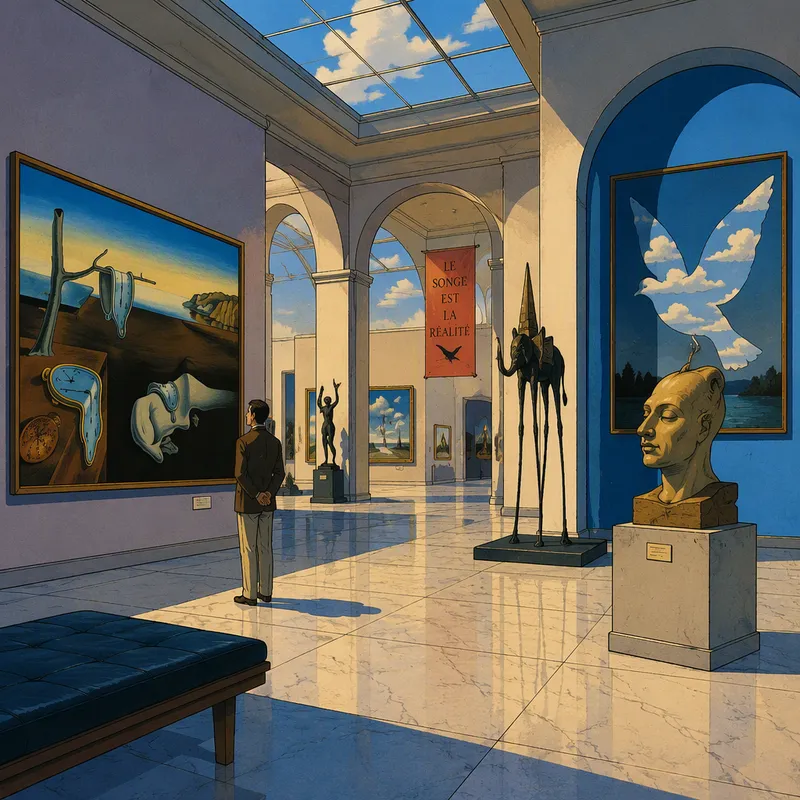 Moderni taidegalleria täynnä surrealistisia maalauksia