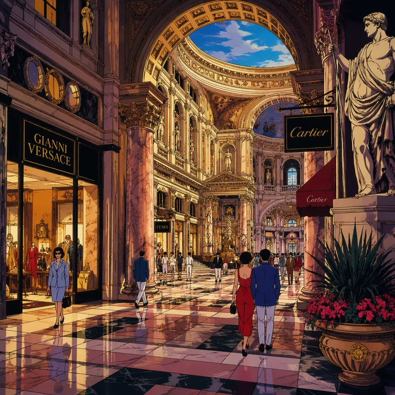 Forum Shops -ostoskeskuksen tyylikäs käytävä ja antiikin Rooman teema