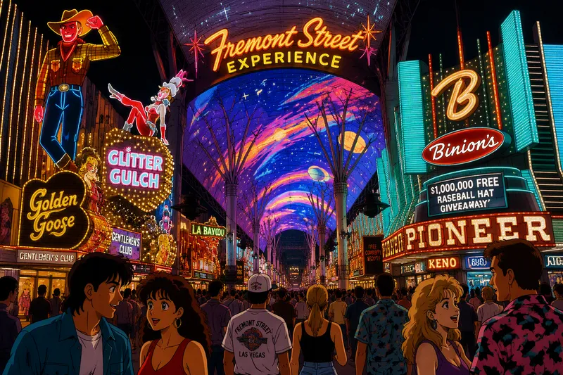 Fremont Streetin neonvalot ja vilkas tunnelma yöllä