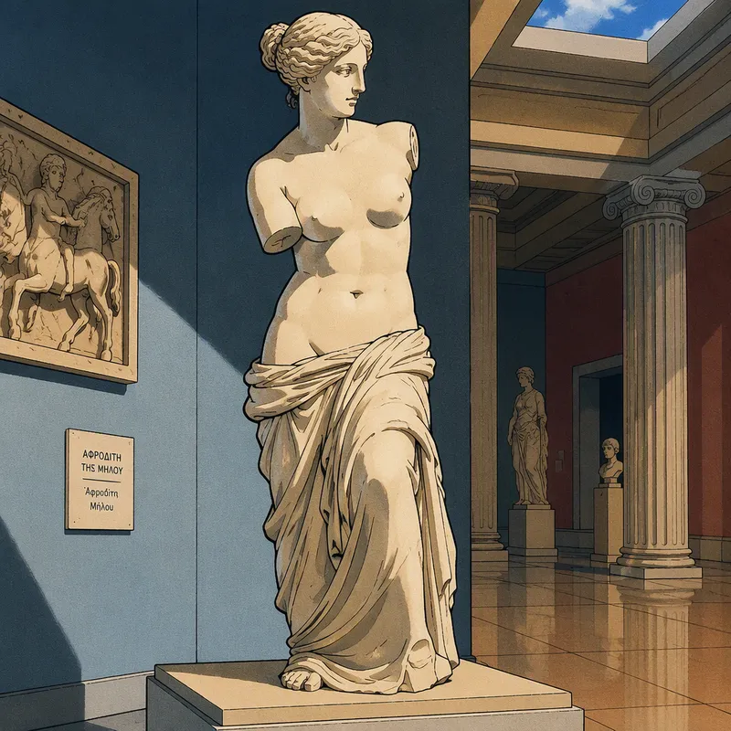Antiikin kreikkalainen marmoriveistos museon näyttelytilassa