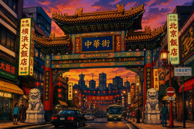Chinatownin koristeellinen sisäänkäyntiportti iltahämärässä Chinatownin koristeellinen sisäänkäyntiportti iltahämärässä
