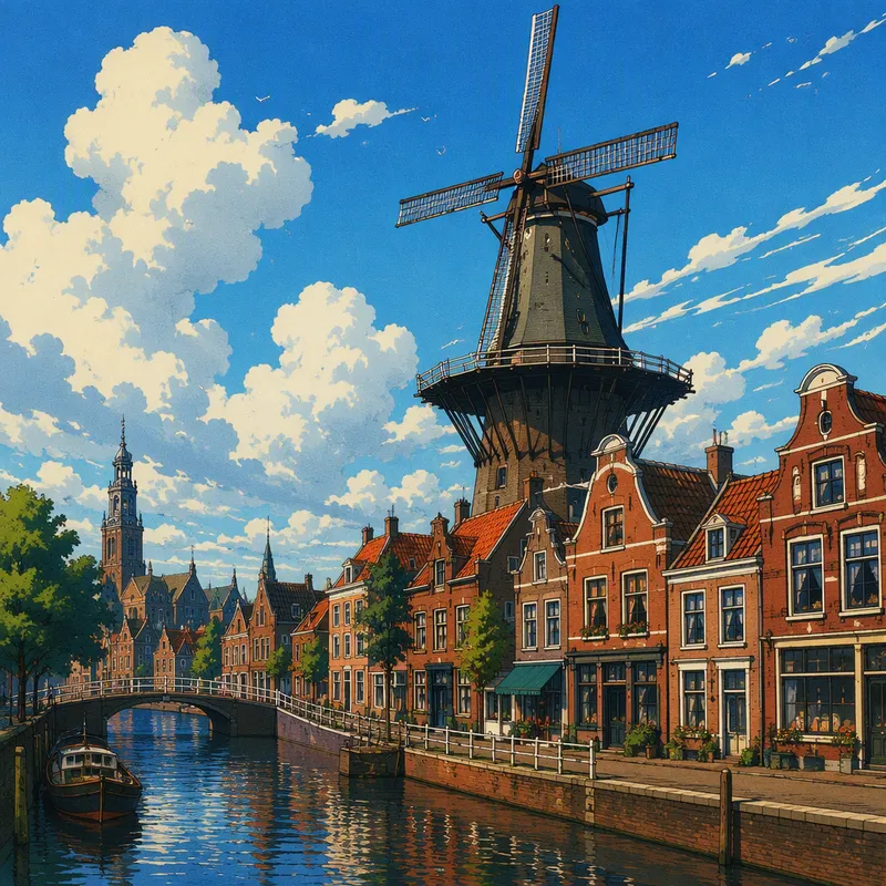 Tuulimylly nousee Amsterdamin historiallisten tiilirakennusten yläpuolelle Tuulimylly nousee Amsterdamin historiallisten tiilirakennusten yläpuolelle