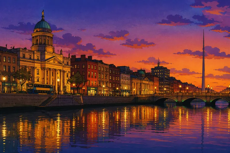 Historialliset rakennukset Liffey-joen rannalla hämärässä Historialliset rakennukset Liffey-joen rannalla hämärässä