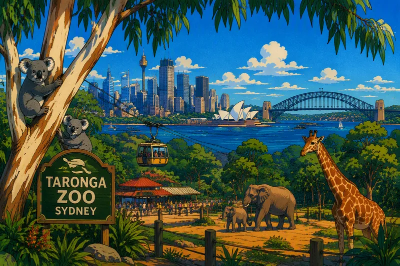 Sydneyn eläintarha ja kaupungin siluetti taustalla Sydneyn eläintarha ja kaupungin siluetti taustalla