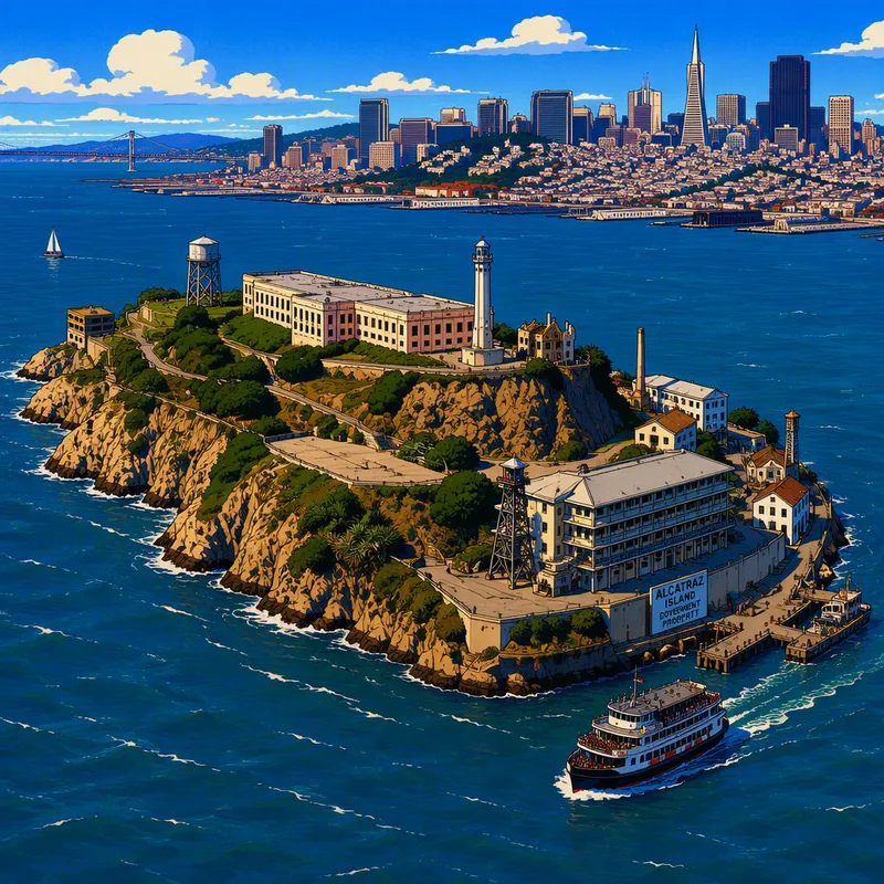Alcatrazin saari ja vankilarakennus keskellä merta Alcatrazin saari ja vankilarakennus keskellä merta