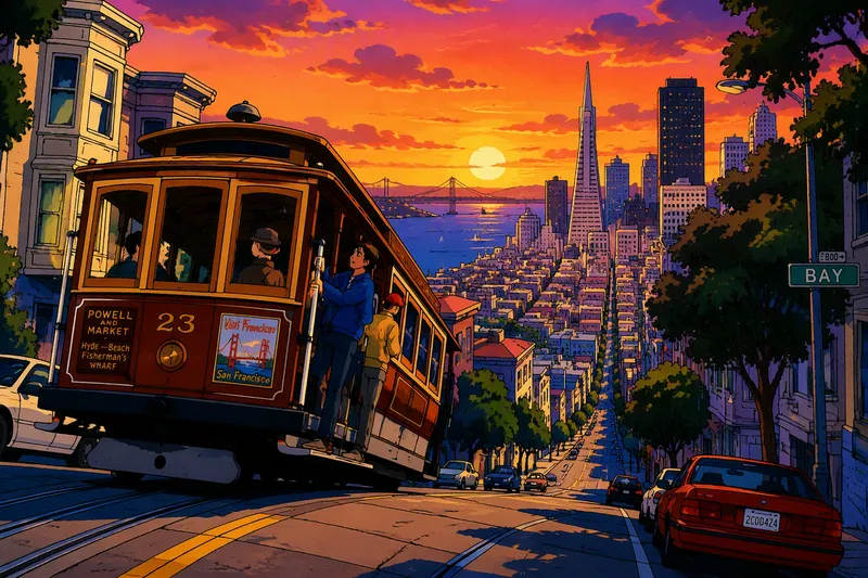 Historiallinen raitiovaunu nousee San Franciscon jyrkkää katua Historiallinen raitiovaunu nousee San Franciscon jyrkkää katua