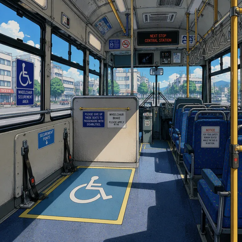 Bussin tilava esteetön matkustamo pyörätuolipaikalla Bussin tilava esteetön matkustamo pyörätuolipaikalla