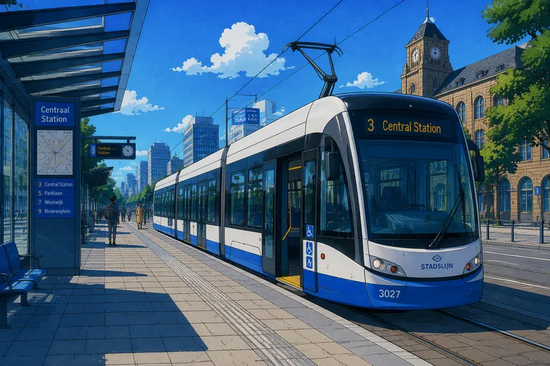 Moderni raitiovaunu kaupungin esteettömällä pysäkillä Moderni raitiovaunu kaupungin esteettömällä pysäkillä