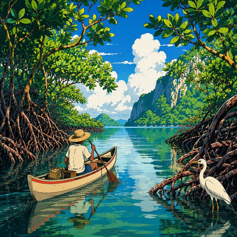Kanootti kulkemassa rauhallisessa mangrove-ympäristössä Kanootti kulkemassa rauhallisessa mangrove-ympäristössä