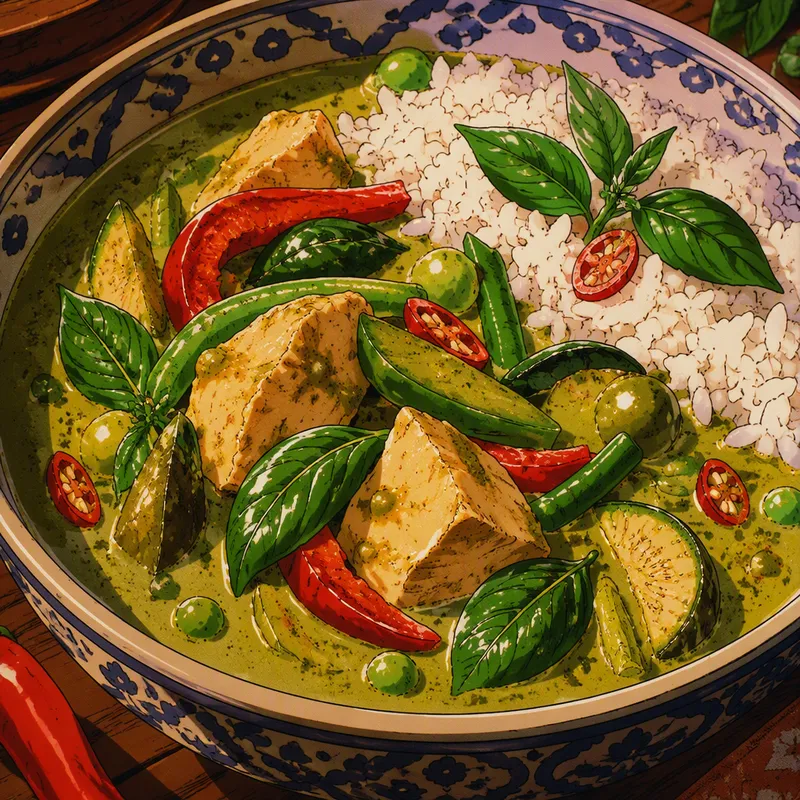 Värikäs vihreä curry jasmiiniriisin kera Värikäs vihreä curry jasmiiniriisin kera