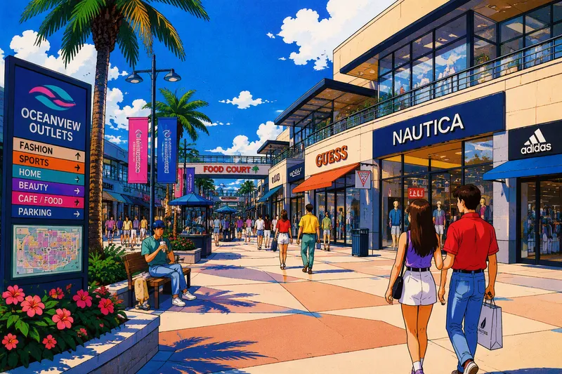Moderni outlet-ostoskeskus aurinkoisena päivänä