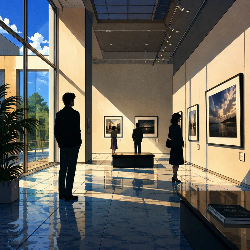 Ihmisiä katsomassa valokuvataidetta avarassa museotilassa Ihmisiä katsomassa valokuvataidetta avarassa museotilassa