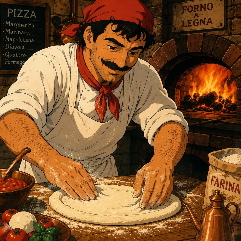 Pizzamestari valmistamassa pizzaa perinteisessä puu-uunissa Pizzamestari valmistamassa pizzaa perinteisessä puu-uunissa