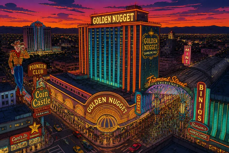 Kultaisen hotellin julkisivu Fremont Streetin yllä
