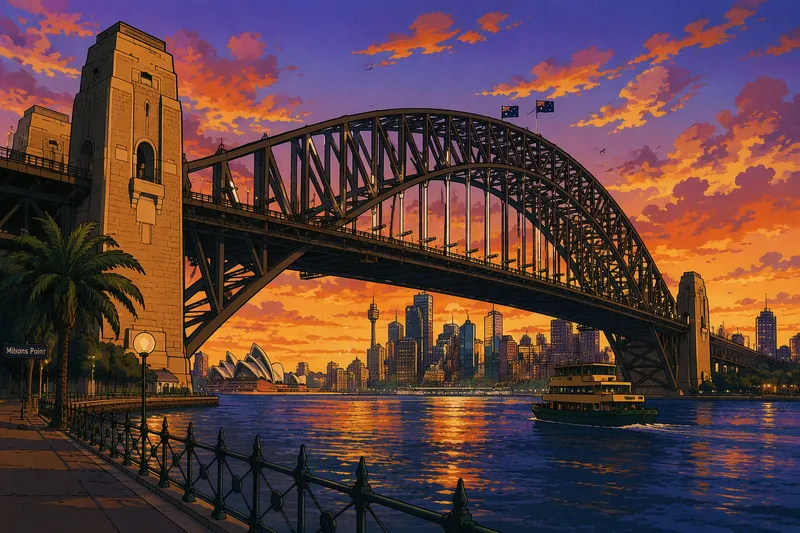 Sydney Harbour Bridge auringonlaskun aikaan Sydney Harbour Bridge auringonlaskun aikaan