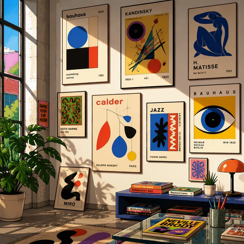 Taidegalleria, jossa on graafisia vedoksia seinillä