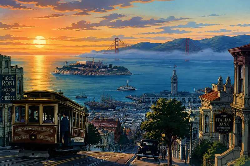 San Franciscon kaupunki ja lahti auringonnousun aikaan