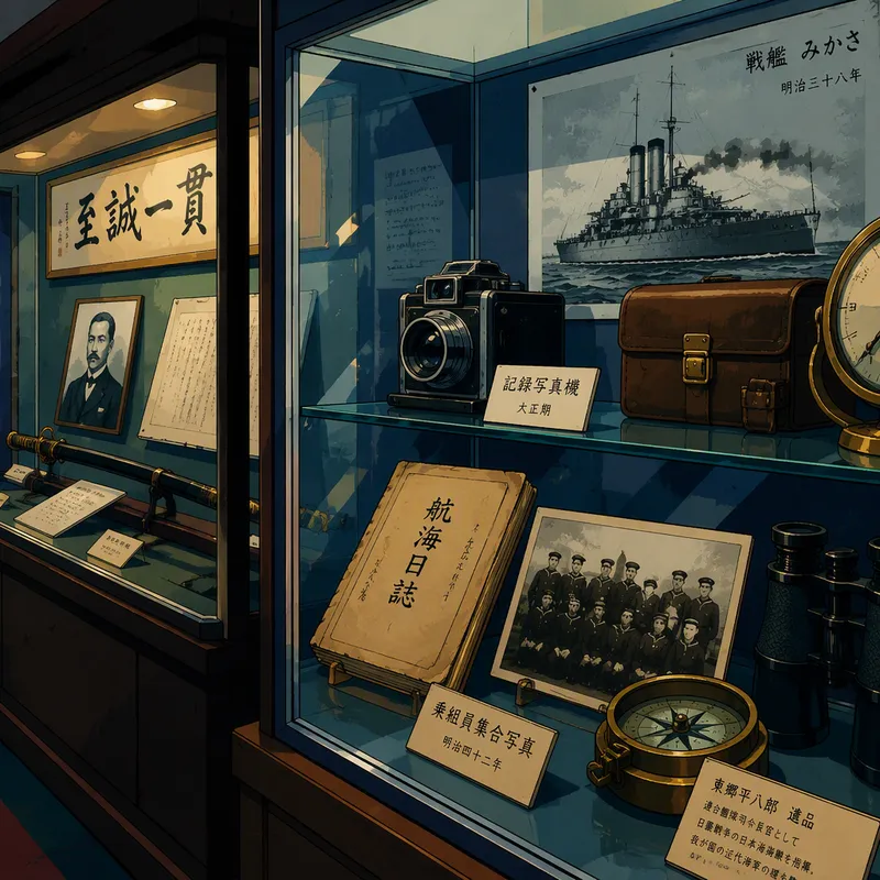 Historiallisia esineitä ja valokuvia museovitriinissä Historiallisia esineitä ja valokuvia museovitriinissä