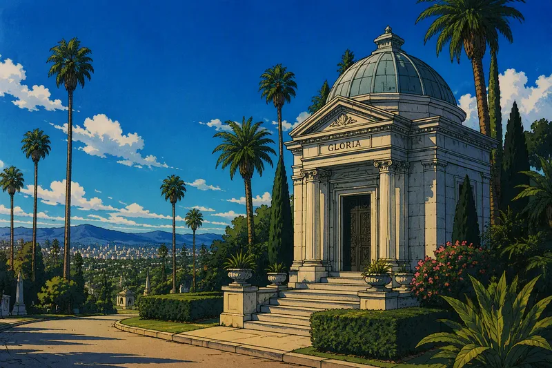 Historiallinen mausoleumi palmujen ympäröimänä