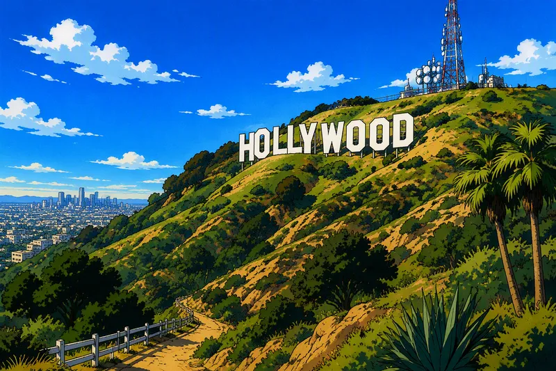 Hollywood-kyltti kukkuloiden päällä aurinkoisena päivänä Hollywood-kyltti kukkuloiden päällä aurinkoisena päivänä