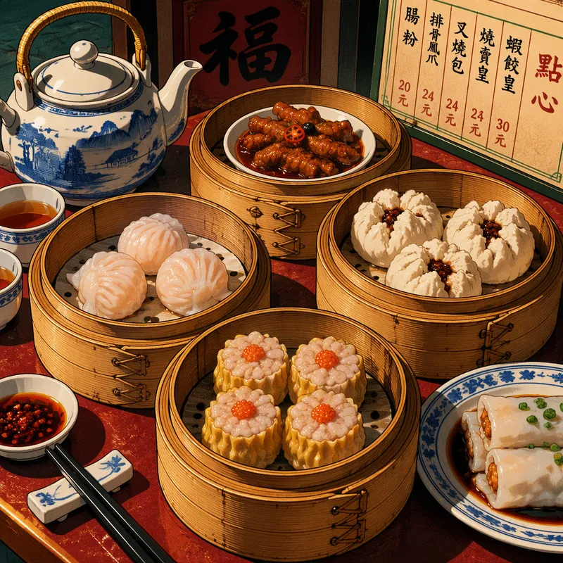 Perinteisiä dim sum -annoksia teekupin äärellä
