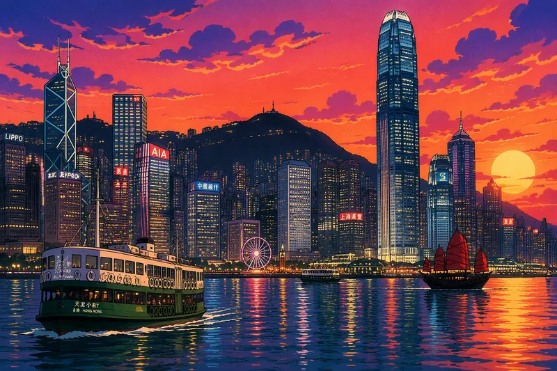 Hongkongin moderni kaupunkimaisema satamassa