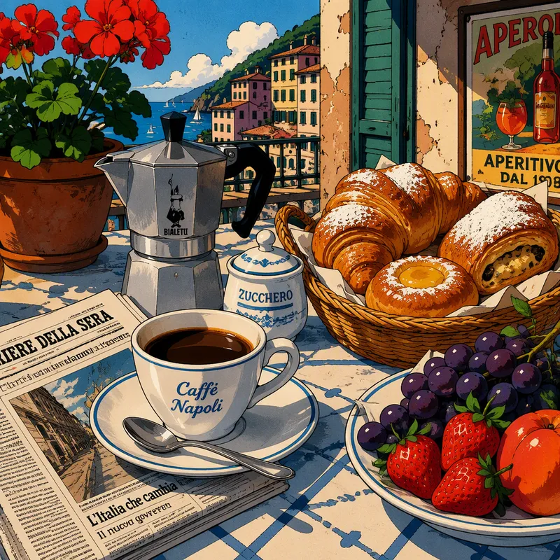 Herkullinen italialainen aamiainen tarjottuna pöydässä Herkullinen italialainen aamiainen tarjottuna pöydässä