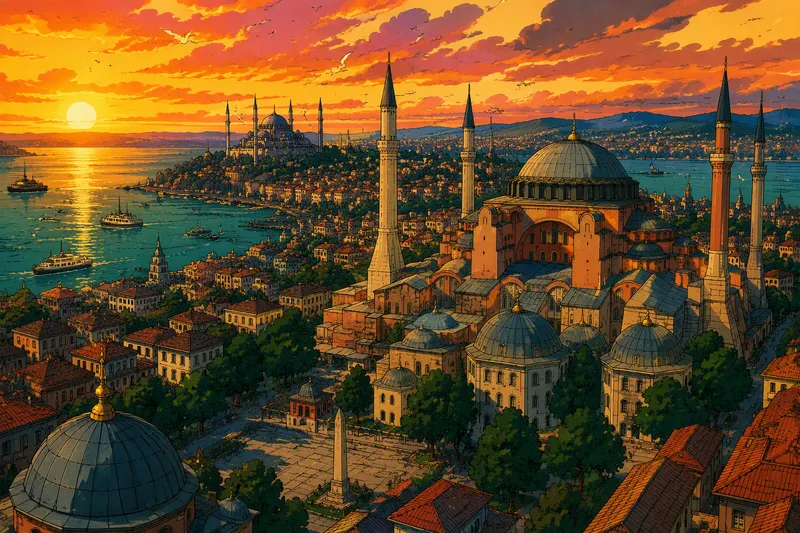 Historiallinen kaupunkinäkymä kupoleineen ja minareetteineen auringonlaskussa Historiallinen kaupunkinäkymä kupoleineen ja minareetteineen auringonlaskussa