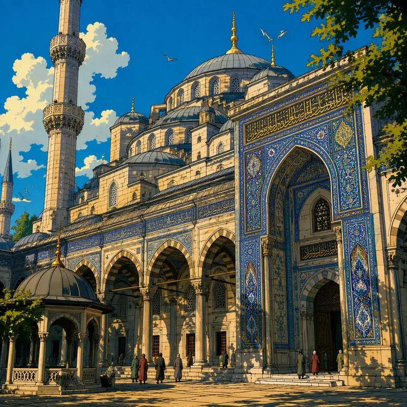 Majesteettinen moskeija yksityiskohtaisine sinisine laattoineen Majesteettinen moskeija yksityiskohtaisine sinisine laattoineen