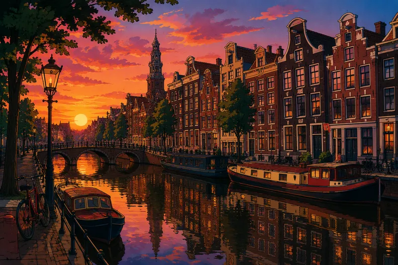 Amsterdamin kanaali ja historiallisia taloja auringonlaskussa Amsterdamin kanaali ja historiallisia taloja auringonlaskussa