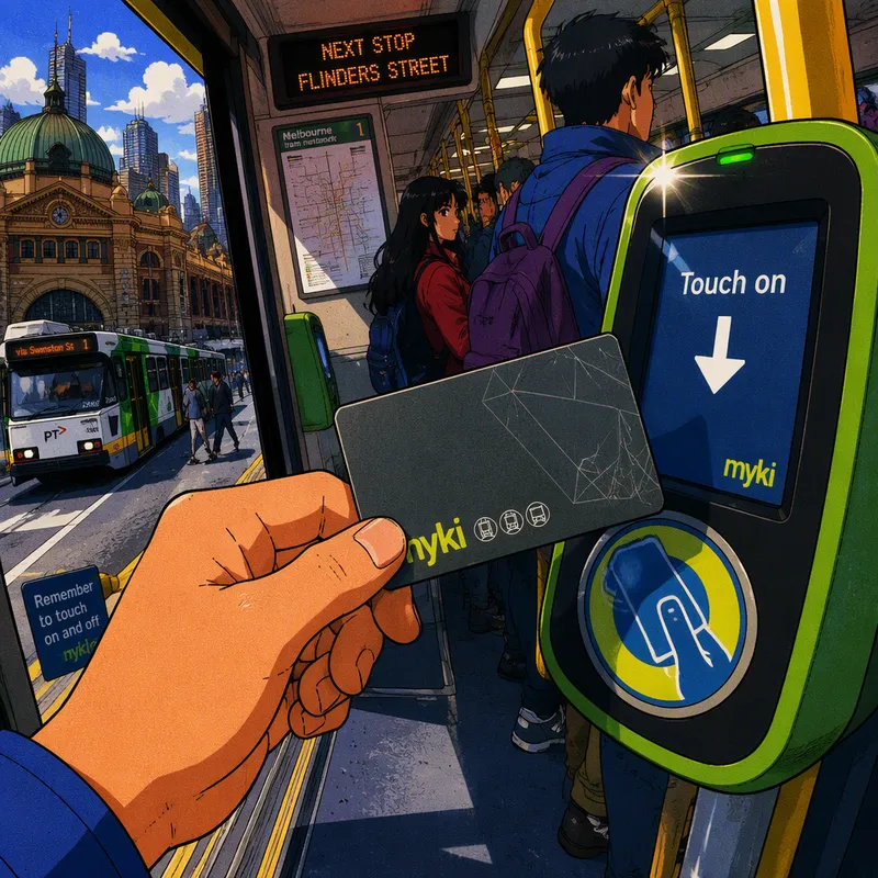 Myki-matkakortti kortinlukijan lähellä joukkoliikennevälineessä Myki-matkakortti kortinlukijan lähellä joukkoliikennevälineessä