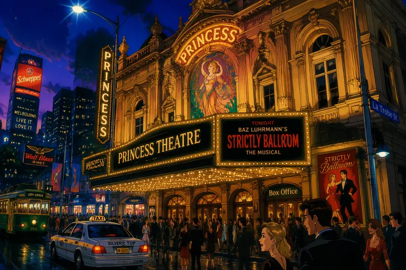 Historiallinen teatterirakennus iltavalaistuksessa Melbournessa Historiallinen teatterirakennus iltavalaistuksessa Melbournessa