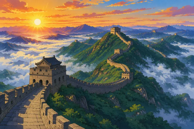 Kiinan muuri kiemurtelee vuorten yllä Kiinan muuri kiemurtelee vuorten yllä