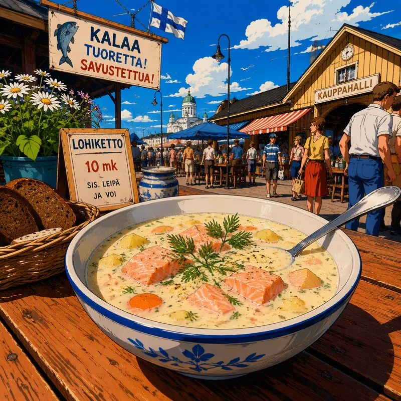 Lohikeittoa tarjoiltuna ulkopöydässä