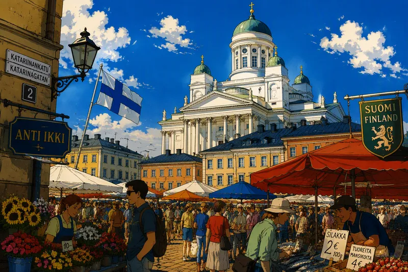 Tuomiokirkon torni historiallisten rakennusten yllä