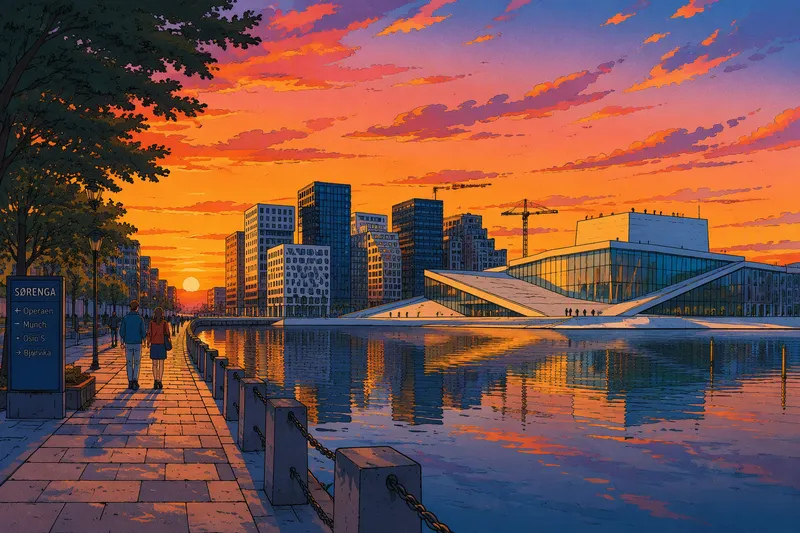 Moderni rantabulevardi ja jalankulkualue Oslossa auringonlaskun aikaan Moderni rantabulevardi ja jalankulkualue Oslossa auringonlaskun aikaan
