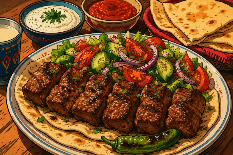 Herkullinen kebab-annos salaatilla ja kastikkeilla Herkullinen kebab-annos salaatilla ja kastikkeilla