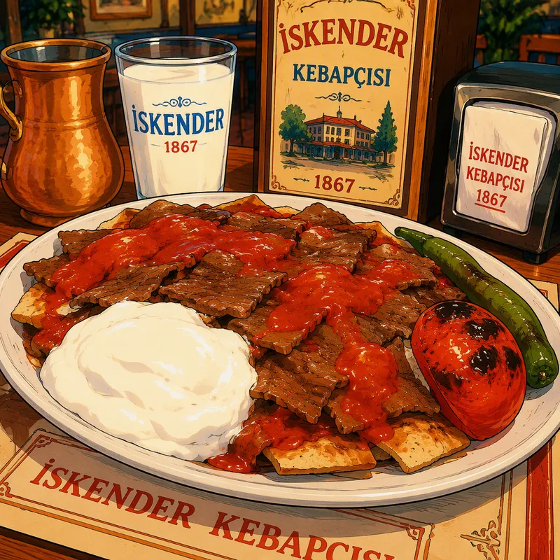 Iskender-kebabannos tarjoiltuna lautasella