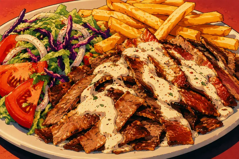 Herkullinen kebab-annos ranskalaisilla ja tuoreella salaatilla