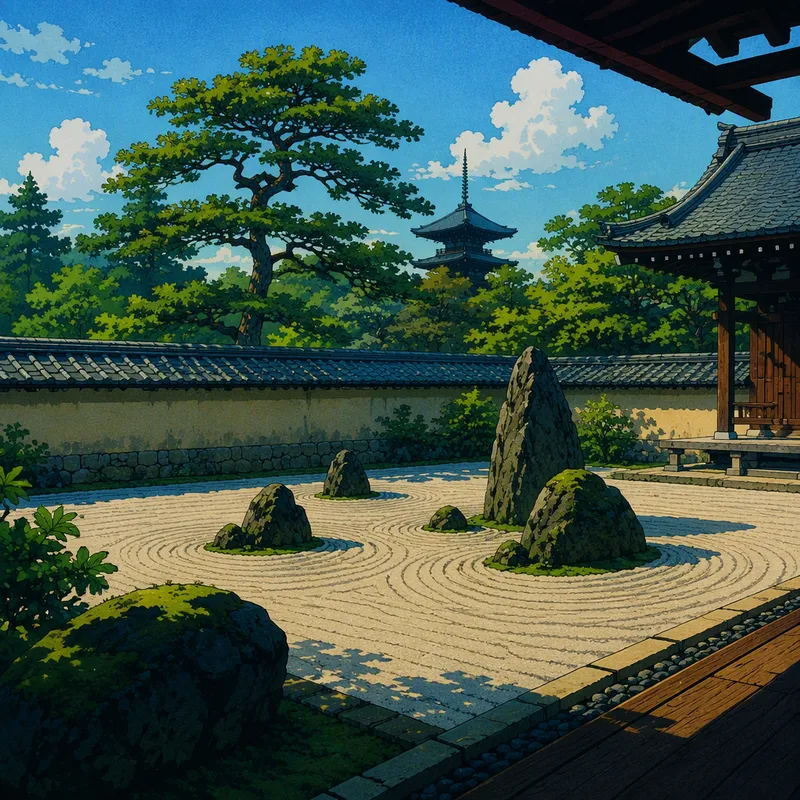 Zen-buddhalainen kivipuutarha temppelialueella Zen-buddhalainen kivipuutarha temppelialueella