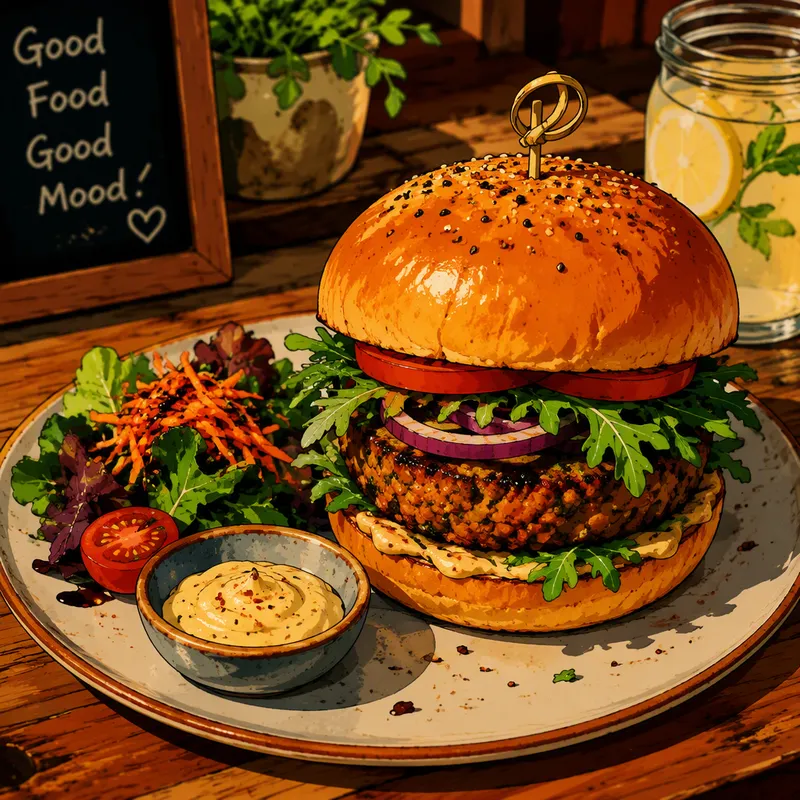 Herkullinen kasvisburgeri lautasella Herkullinen kasvisburgeri lautasella