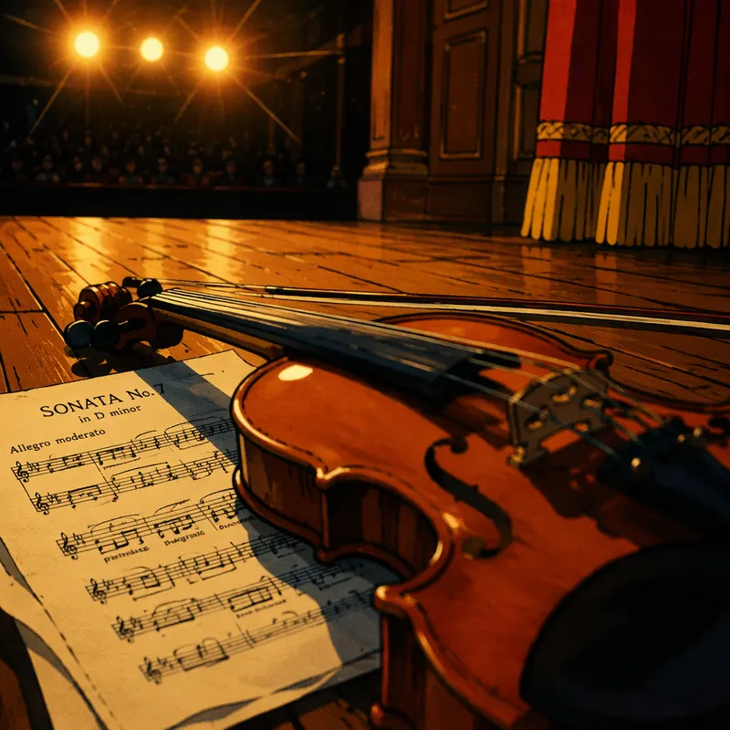 Viulu ja nuotteja konserttilavalla Viulu ja nuotteja konserttilavalla