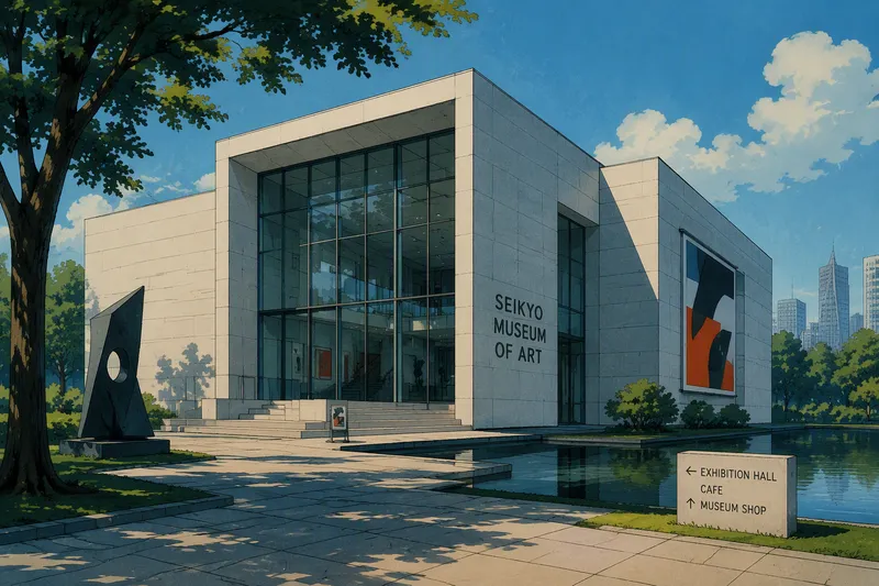 Moderni taidemuseorakennus puiston reunalla